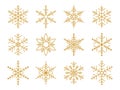 Gold snowflake for snow design. Golden silhouette snowflakes isolated on white background. Freeze symbol. Snow flake icon. Ice