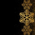 Gold snowflakes and glitter on dark background for Merry Christmas and Happy New Year greeting card. Royalty Free Stock Photo