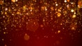 Gold snowflakes particles and shiny lights on red for christmas and new year background Royalty Free Stock Photo