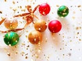 gold snowflakes and red green yellow ball on white background copy space Christmas decoration for greetings card and banner Royalty Free Stock Photo