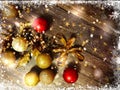 Christmas and new Year holiday gold red silver tree balls decoration on  brown background snowflakes and blurred yellow light bac Royalty Free Stock Photo