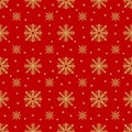 Gold snowflakes and stars seamless pattern on a red background, vector Christmas illustration Royalty Free Stock Photo