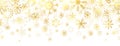 Gold snowflakes on white background. Golden snowflakes border with different ornaments. Luxury Christmas banner. Winter