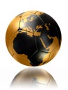 Gold soccer ball globe world map europe africa