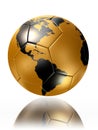 Gold soccer ball with world map america