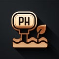 Gold Soil ph testing icon isolated on black background. PH earth test. Long shadow style. Vector Royalty Free Stock Photo