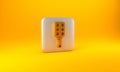 Gold Spanking paddle icon isolated on yellow background. Fetish accessory. Sex toy for adult. Silver square button. 3D