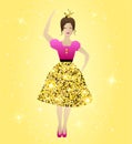 Gold Sparkle Princess Illustration Design in Pink Dress with Magical Stars Background