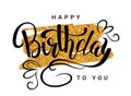 Gold sparkles background Happy Birthday lettering poster with calligraphy black text in glitter gold background