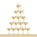 Gold sparkling champagne glass pyramid flat vector illustration.