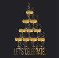 Gold sparkling champagne glass pyramid flat vector illustration