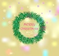 Gold sparkly banner with Christmas wreath with conifer branches and lacy golden decoration