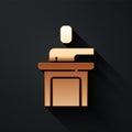 Gold Speaker icon isolated on black background. Orator speaking from tribune. Public speech. Person on podium. Long