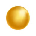 Gold sphere. Golden glass ball. 3d metal shape. Beauty yellow bubble. Oil circle. Shine luxury design element. Organic