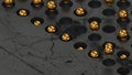 Gold spheres on stone gray background. Abstract motion design 3d render