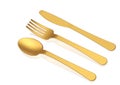 Gold spoon,knife and fork on white background