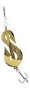 A gold spoon-lure in the form of a dollar symbol with a reflection of a dollar bill. 3D visualization illustration. Isolated on