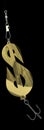 A gold spoon-lure in the form of a dollar symbol with a reflection of a dollar bill. 3D renderillustration. Isolated on black