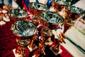 Gold sports champions cups stand on a table