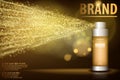 Gold spray bottle on black background for your design. Realistic cosmetic premium ads, facial treatment essence