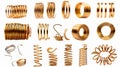 Gold spring coils, flexible spiral metal wire. Modern realistic set of golden elastic springy coils in different shapes