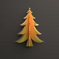 Gold spruse, fir tree art paper cut origami on dark blak background. Flat lay,