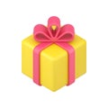 Gold square box gift 3d icon. Festive surprise with red ribbon and bow Royalty Free Stock Photo
