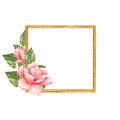 Gold square frame with flower. Floral design.