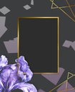 Gold square frame, golden border, framework, banner, metal glowing thin lines. Geometric shape forms. Horizontal frame for wedding Royalty Free Stock Photo