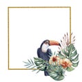 Gold square frame with watercolor tropical leaves and flowers and toucan Royalty Free Stock Photo