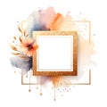 Gold square frames with colorful watercolor splash spot space for text painting floral pattern on white background. Gold glitter, Royalty Free Stock Photo