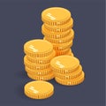 Gold stack coins. Vector isometric money icon on a colored background. Money flat icon in isometric style. Money gold coins stacks