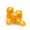 Gold stacks of coin with pound, dollar, euro signs isolated vector design elements. Collection of different international currency Royalty Free Stock Photo