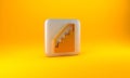 Gold Stairs up icon isolated on yellow background. Silver square button. 3D render illustration
