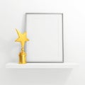 Gold Star Award And Blank Photo Frame On White Shelf