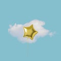 Gold star balloon with white cloud on blue sky. Minimal party concept