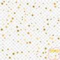 Gold star confetti rain festive holiday background. Vector golden paper foil stars falling down isolated on transparent