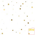 Gold star confetti rain festive holiday background. Vector golden paper foil stars falling down isolated on transparent