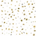 Gold star confetti rain festive holiday background. Vector golden paper foil stars falling down isolated on white background.