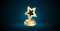Gold star with golden podium glowing on dark background. 3d realistic gold statue prize winner award giving ceremony in film