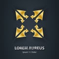 Gold star logo is made of arrows. Award 3d icon. Metallic logotype template. Volume Vector illustration.