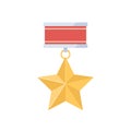 Gold star medal with red ribbon. Military award badge. Golden honor and pride reward for hero. Metal distinction symbol