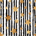 Gold star seamless pattern. Repeated scatter golden stars pattern. Random golded star with black stripes. Glitter patern printed.