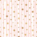 Gold star seamless pattern. Repeated scatter golden stars pattern. Random golded star with pink stripe. Glitter patern printed. Sp