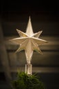 Gold star at top of Christmas tree in new 2020 year. Royalty Free Stock Photo