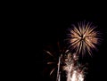 Gold starburst with purple edged firework above several small gold and green bursts with a black background