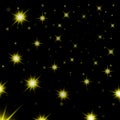 Gold stars black night sky background. Abstract light glitter. Fantasy sparkles. Shine christmas texture, magic glow Royalty Free Stock Photo