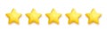 5 gold stars for product review vector illustration. 3d five yellow or golden ranking symbols in row for feedback, satisfaction