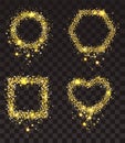 Gold stars on transparent background. Set of frame of gold stars rectangle, heart shape, circle, hexagon
