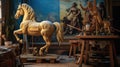 Gold statue of a horse in a painting studio